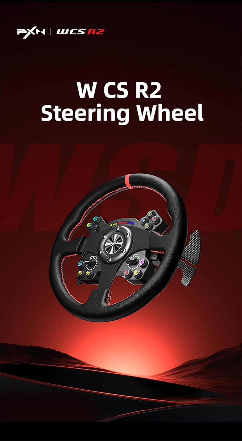 PXN W CS R2 steering wheel promotional graphic on a red background