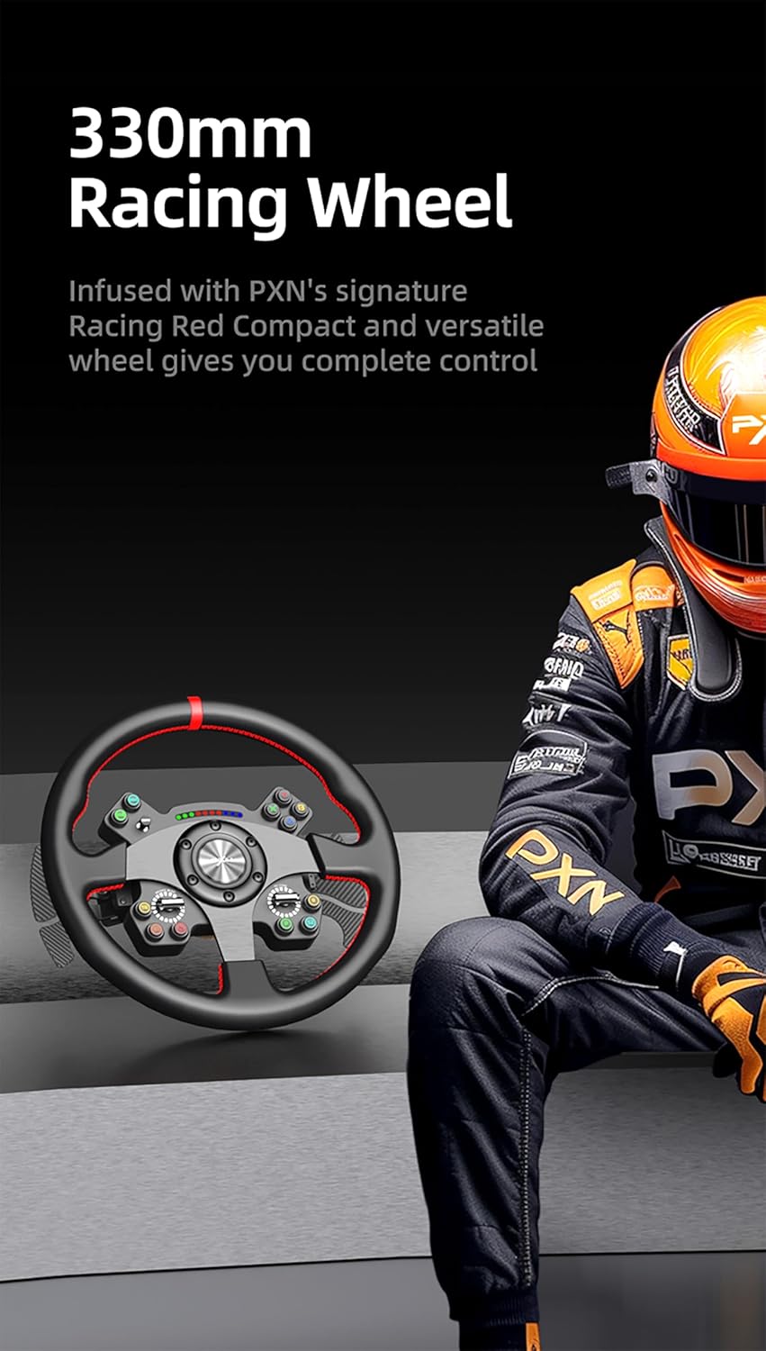 PXN W CS R2 330 mm racing wheel worn by a driver in a PXN race suit