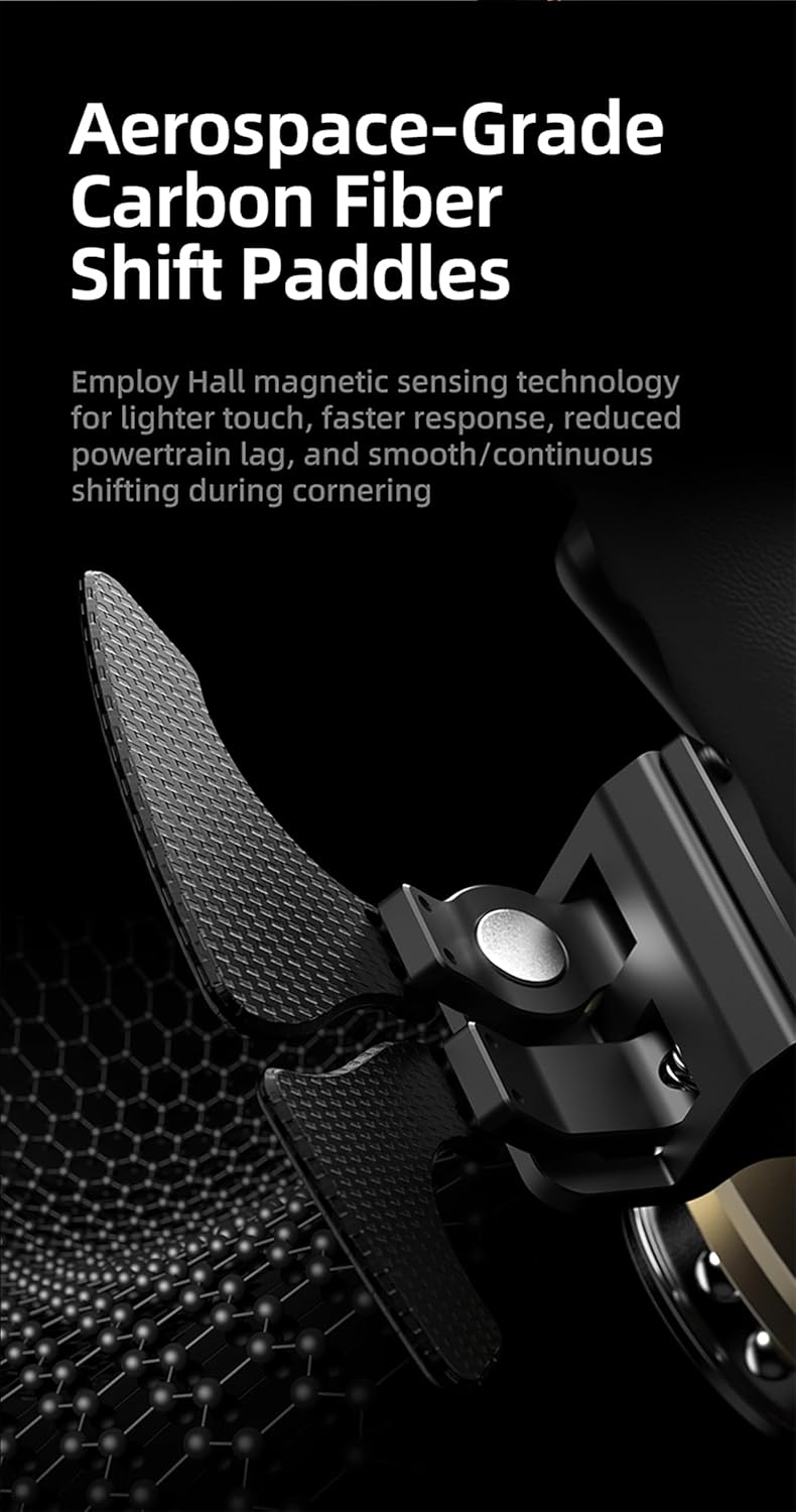 Close-up of the carbon fiber shift paddle on the PXN W CS R2 wheel