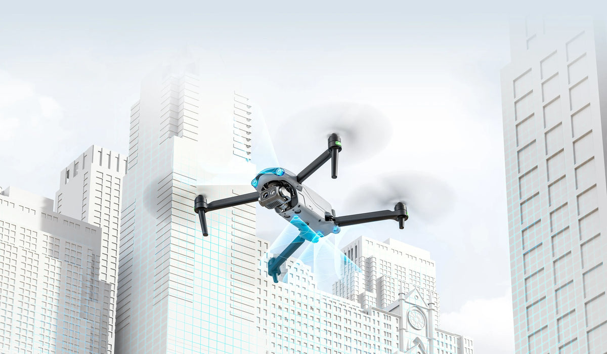 Autel EVO Lite Enterprise drone with obstacle sensing illustrated between city buildings