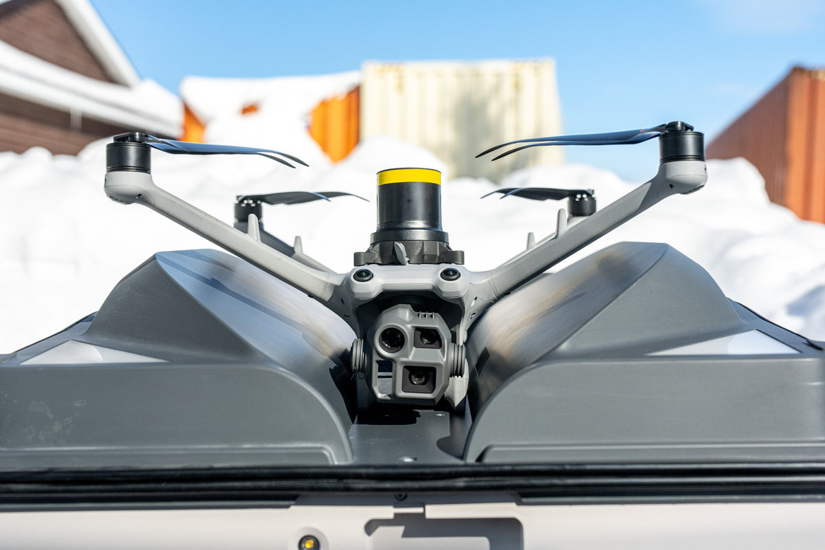 DJI Matrice 4D with AVSS PRS-M4DT parachute seated in a DJI Dock 3