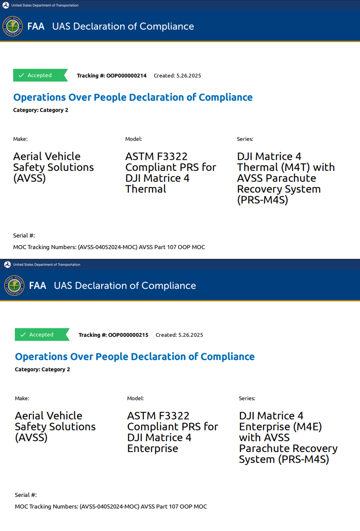FAA-accepted Category 2 Declarations of Compliance for DJI Matrice 4T and 4E with AVSS PRS-M4S