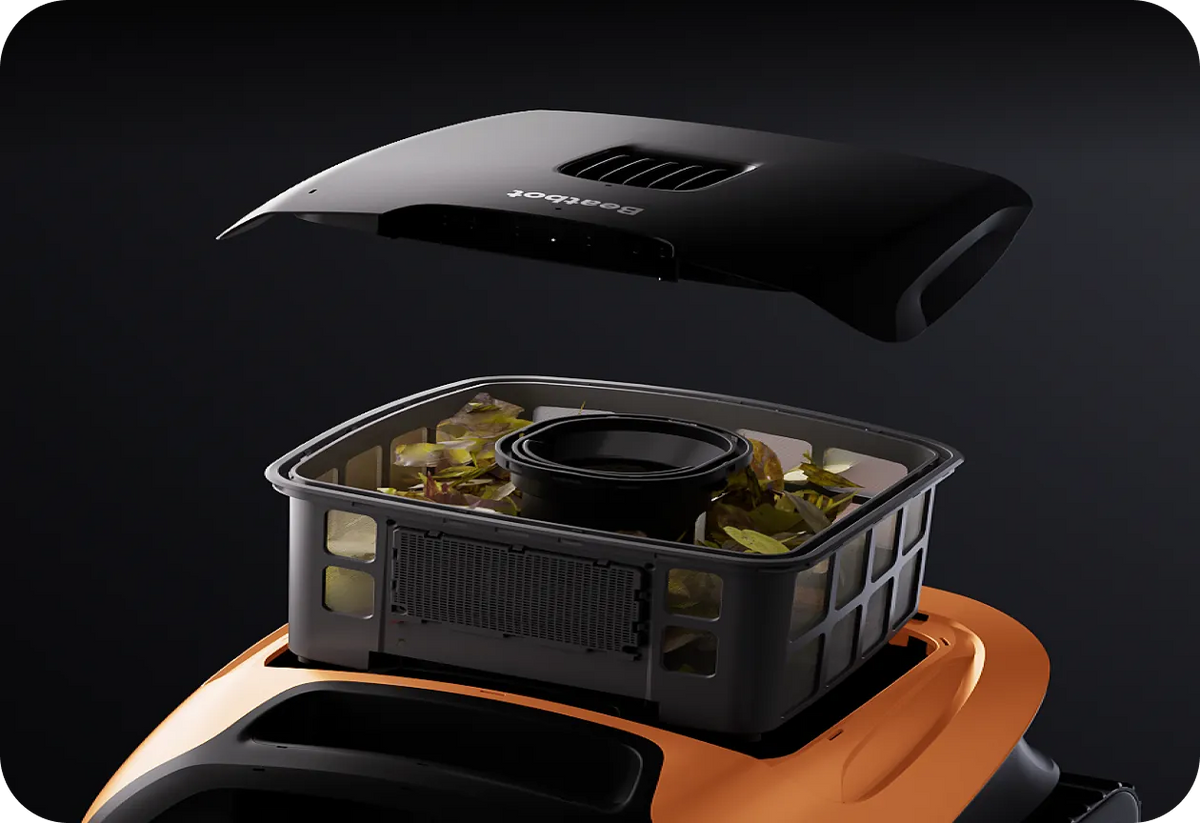 Beatbot Sora 30 with its lid lifted to show the large debris basket full of leaves