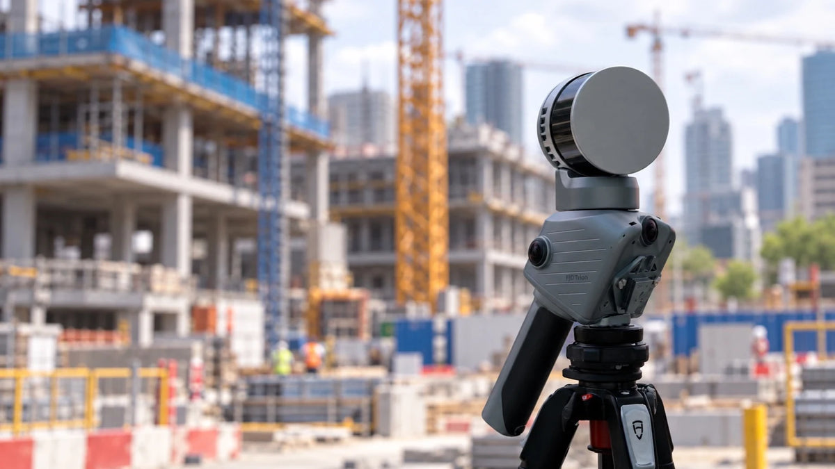 FJD Trion T1 on a tripod scanning a construction site