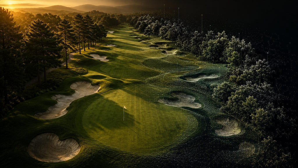 Aerial view of a tree-lined golf hole with bunkers at sunset