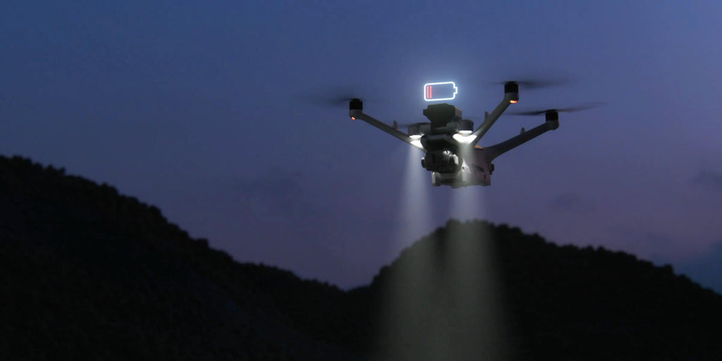DJI Matrice 4D series drone flying at night over a hillside