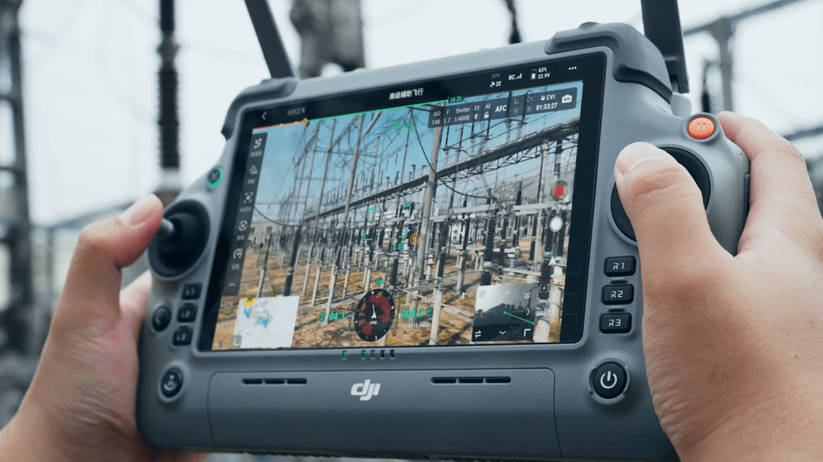 DJI RC Plus 2 Enterprise controller showing a live substation inspection feed
