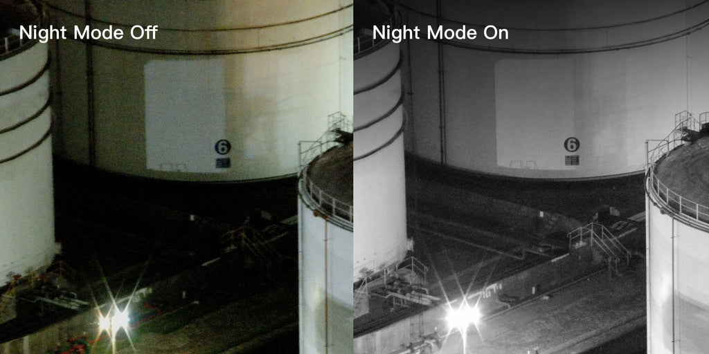 Zenmuse H20 series zoom camera image of storage tanks at night with Night Scene mode off and on