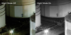 Zenmuse H20 series zoom camera image of storage tanks at night with Night Scene mode off and on