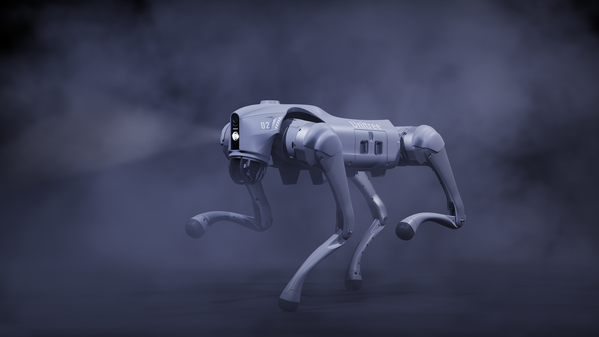 Unitree Go2 Pro AI quadruped robot standing in dramatic fog