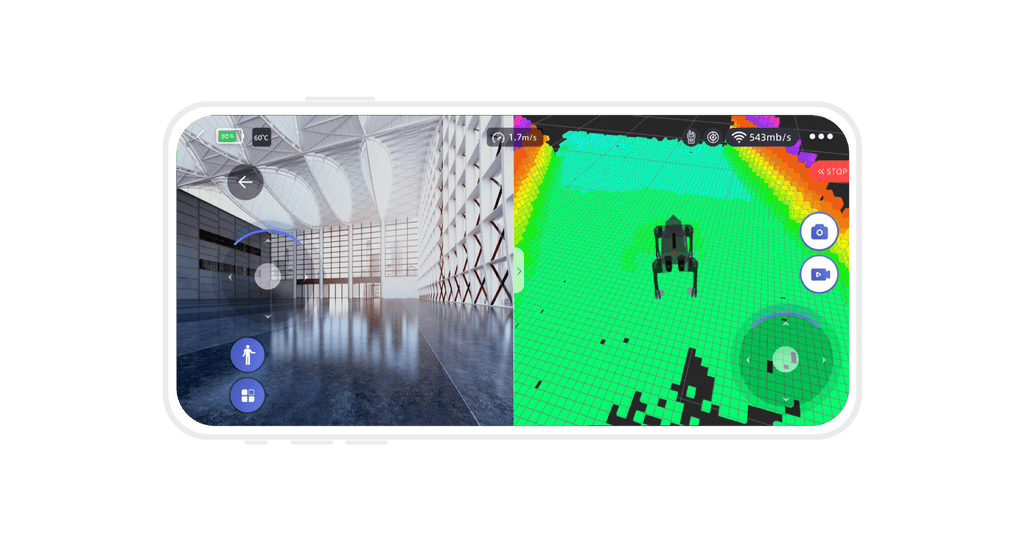 Unitree app showing live camera feed and LiDAR SLAM mapping