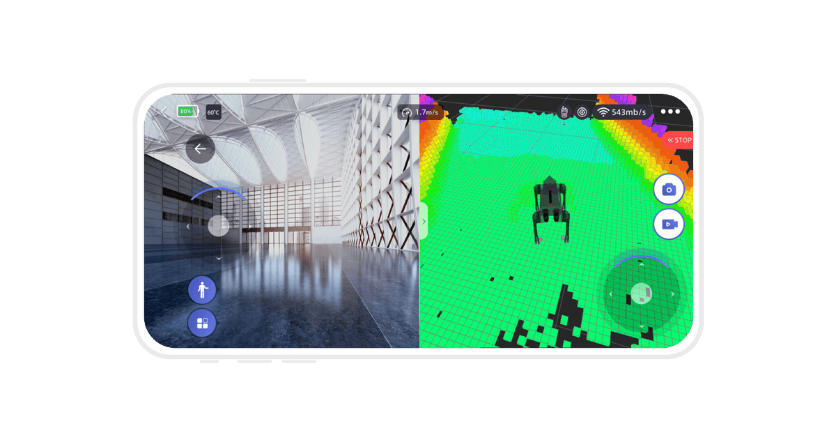 Unitree app showing live camera feed and LiDAR SLAM mapping