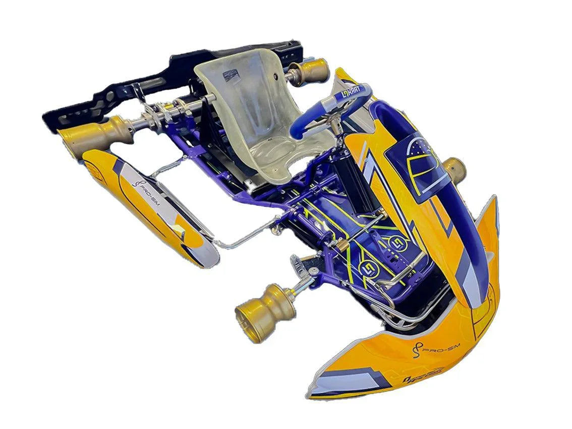 Karting Simulator Pro - three-quarter view of the genuine OTK kart chassis and CP-S Karting Pro pedals