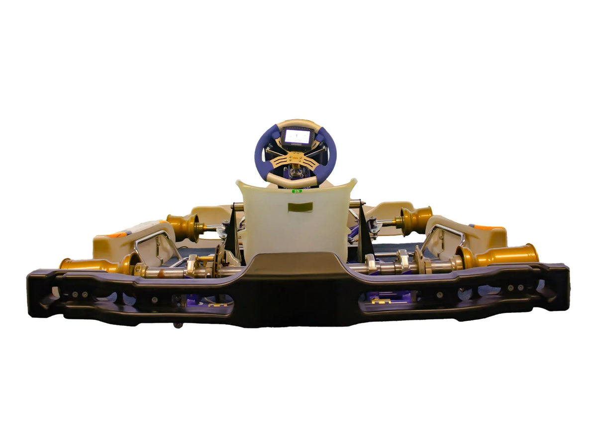 Karting Simulator Pro - front view of steering wheel, seat and adjustable chassis