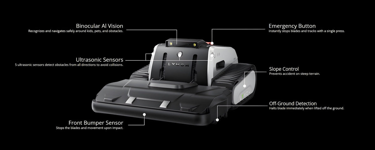 Lymow One Plus safety sensors: binocular AI vision, ultrasonic sensors, bumper, emergency stop and lift detection