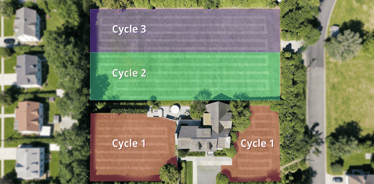Aerial view of a large lawn divided into three Lymow mowing cycles