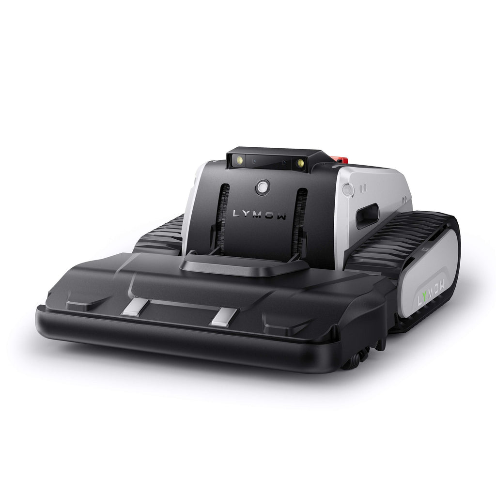Lymow One Plus tracked robotic lawn mower, front three-quarter view