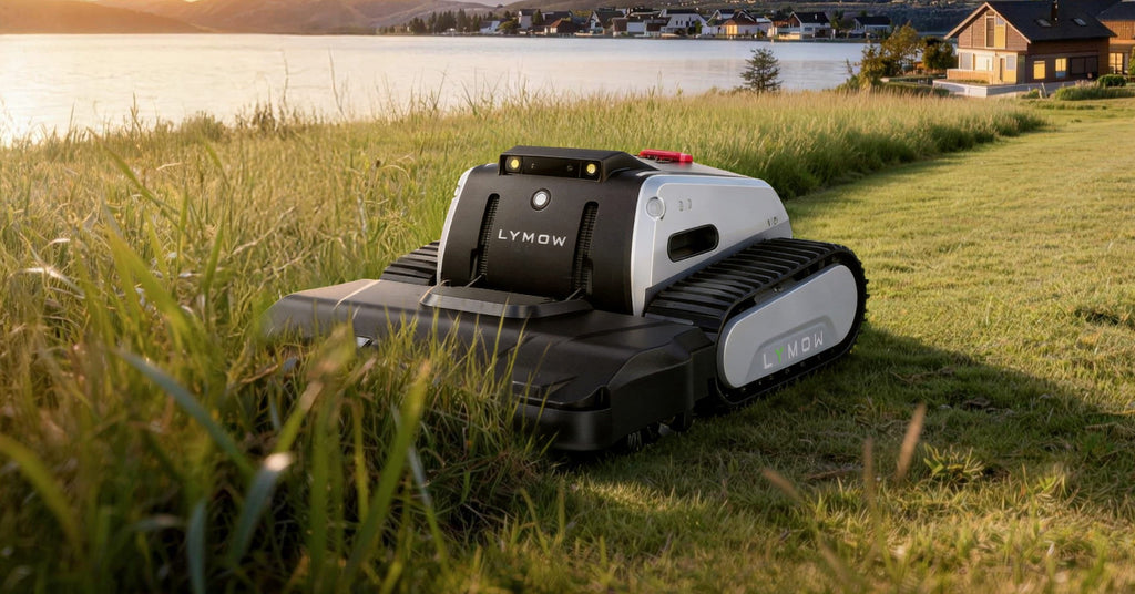 Lymow One Plus mowing a large lakeside lawn