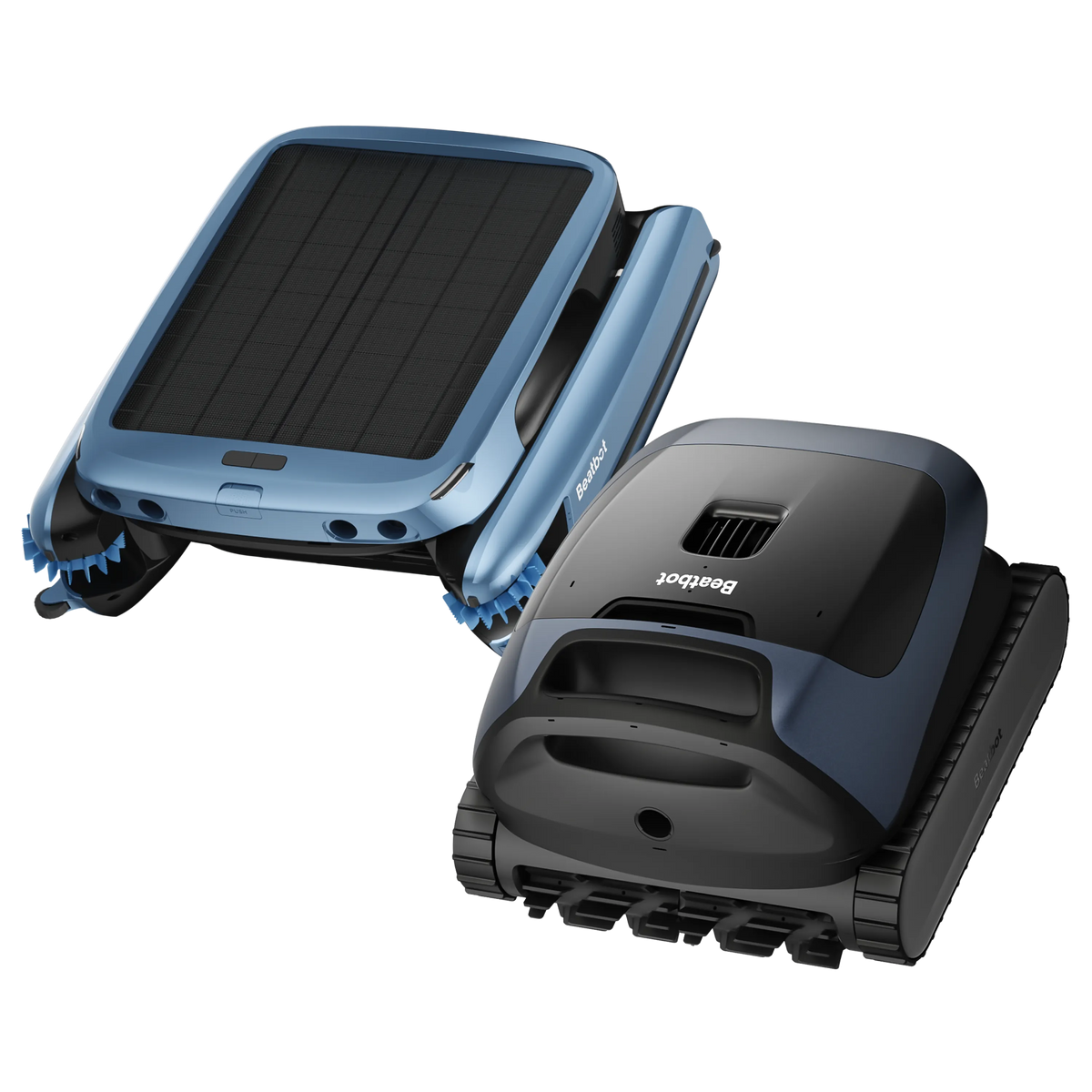 Beatbot Sora 30 pool cleaner in Deep Blue shown with a solar iSkim surface skimmer
