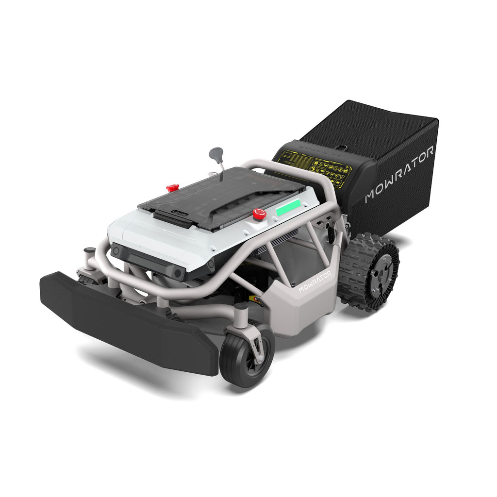 Mowrator S1 2WD remote control mower with front caster wheel, front three-quarter studio view with 70L grass bag