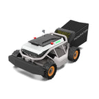 Mowrator S1 4WD remote control mower with grip tread tires, front three-quarter studio view with 70L grass bag