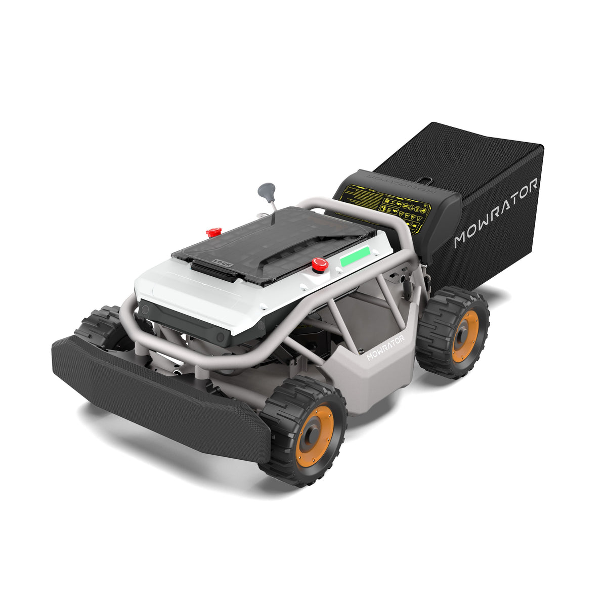 Mowrator S1 4WD remote control mower with wide wheels, front three-quarter studio view with 70L grass bag