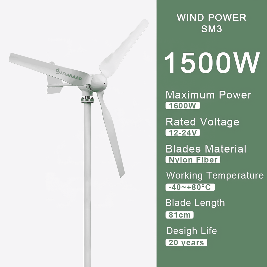 SMARAAD SM3 Horizontal Wind Turbine Generator — 1500W | 12V / 24V