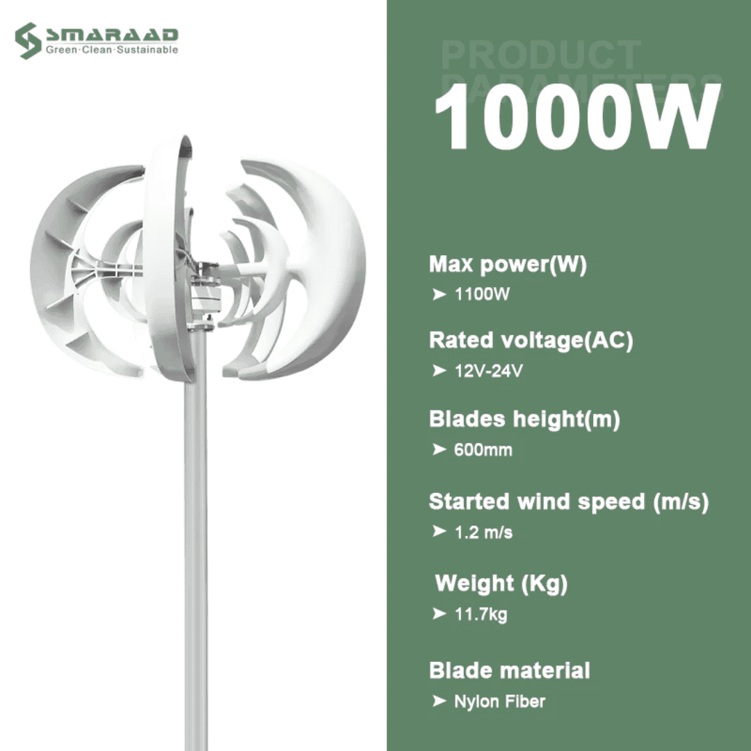 SMARAAD SR-1000 Vertical Lantern Wind Turbine Generator — 1000W | 12V / 24V