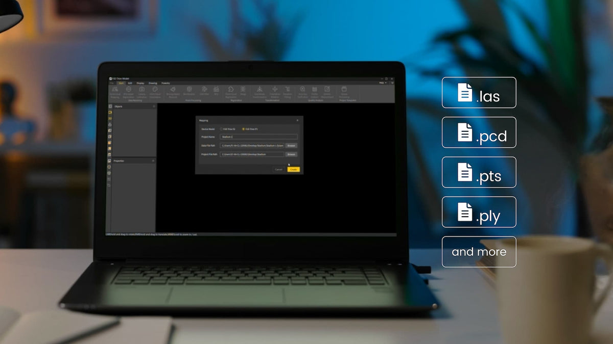 Laptop showing FJD Trion P1 point cloud export formats