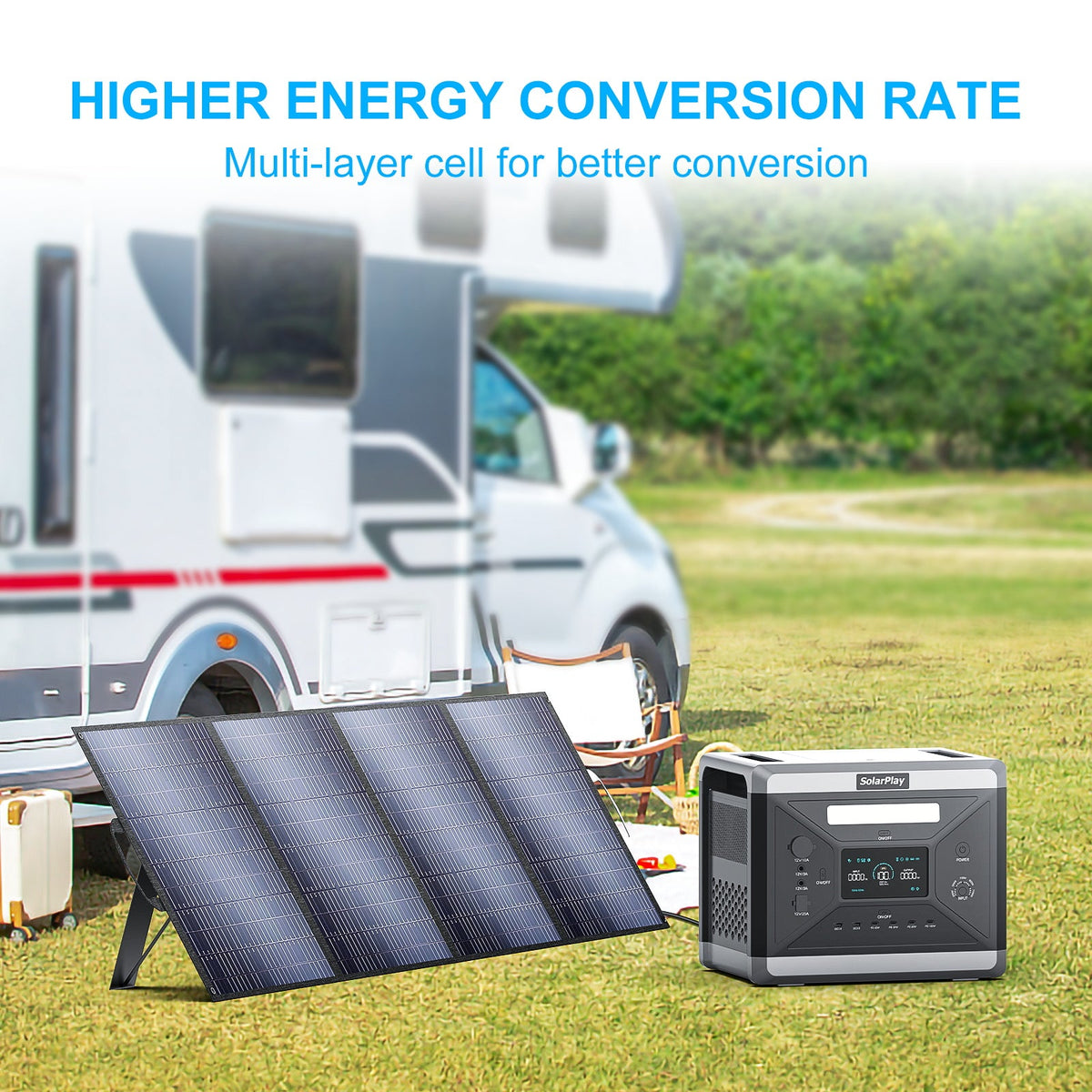 SolarPlay 200W foldable solar panel charging a power station beside an RV