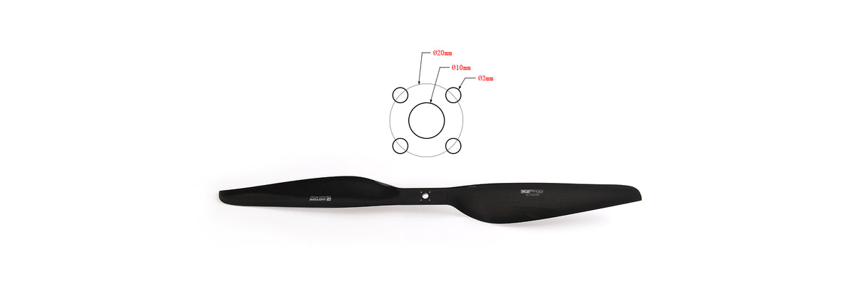 T-Motor G27x8.8 glossy carbon fiber propeller with 10 mm center bore and four 3 mm mounting holes on a 20 mm circle